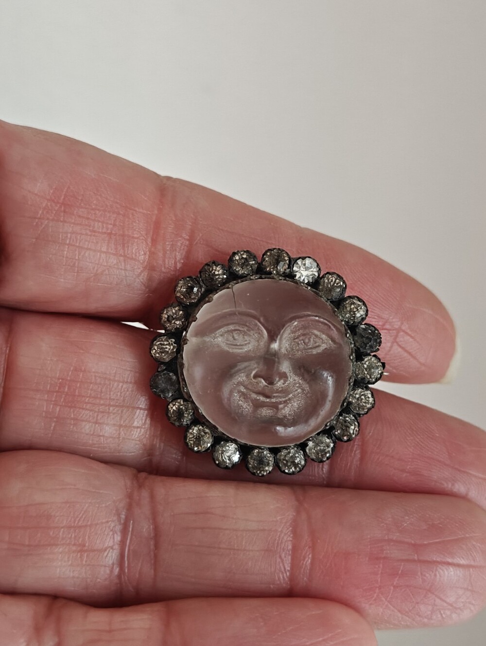 Antique Victorian Man In The Moon Carved Moonstone Brooch